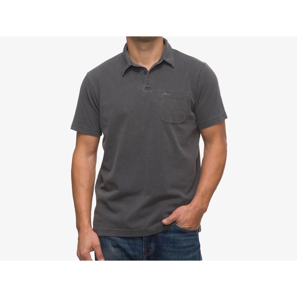 Reef Mens Deckhand Polo Shirt Charcoal Gray Short Sleeve Pocket Cotton